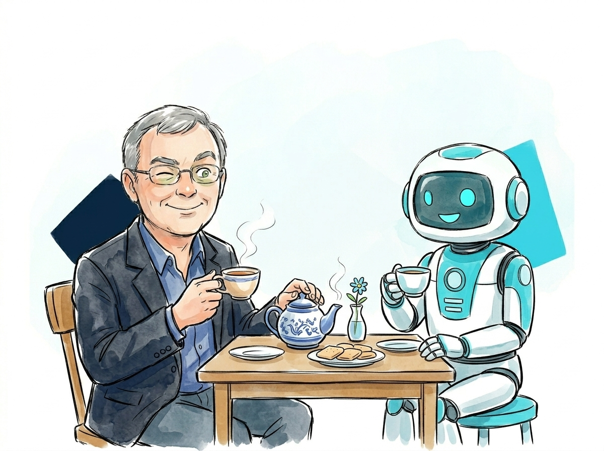 Holger Maerz und ein freundlicher Roboter bei einer Teepause mit dampfender Teekanne.